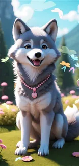 Charming husky sitting in a vibrant fantasy meadow.