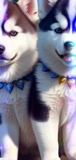 Two cute husky puppies with colorful collars.