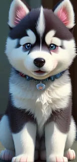 Adorable cartoon husky puppy with blue eyes in a cute sitting pose.