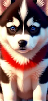 Cute Husky puppy with blue eyes on vibrant red background.