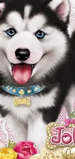 Adorable husky puppy with flowers and lace background, perfect for pet lovers.