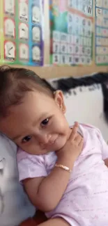 Charming baby in pink, smiling and resting against a pillow in a colorful room.