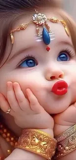 Adorable baby with blue eyes and gold jewelry, looking up cutely.