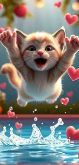 Cute kitten jumping amidst heart shapes above water.