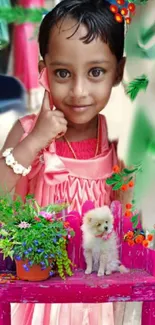 A cute girl in pink holding a fluffy puppy.