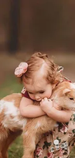 Child hugging baby goat in autumn setting.