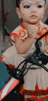 Cute baby on a toy bike wearing a stylish dress and glasses.