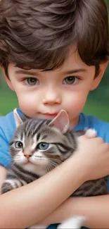 Young child holding a cute kitten with a tender expression.