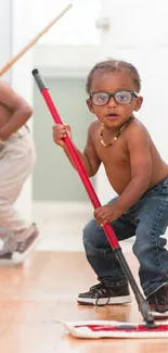 Two adorable kids playing indoors with mops.