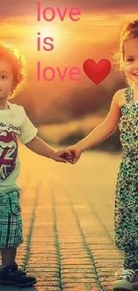 Two children holding hands during sunset with love message.