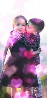 Adorable kids hugging with a heart-filled dreamy background.