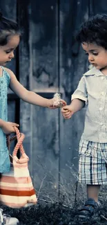 Two adorable children sharing a dandelion in a rustic setting.