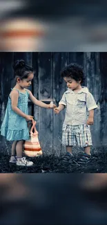 Two children sharing a cute moment in a rustic setting.