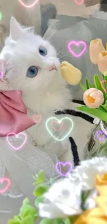 Fluffy white kitten with pink bow among colorful tulips.