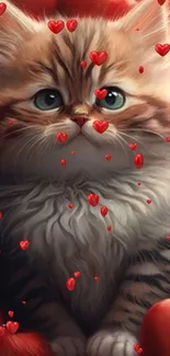 Fluffy kitten surrounded by red heart shapes.