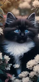 Cute kitten with blue eyes in flowers wallpaper.