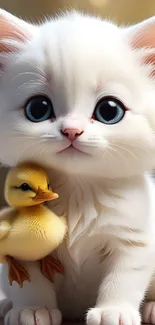 Cute white kitten and duckling mobile wallpaper.