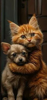 Orange kitten hugs small puppy adorably, capturing friendship.