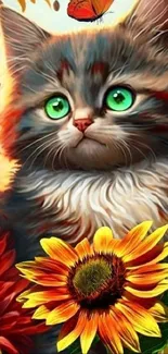 Adorable kitten surrounded by vibrant sunflowers and colorful petals.