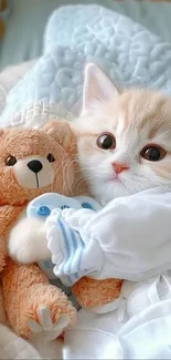 Adorable kitten cuddling a teddy bear in cozy beige tones.