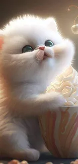 Fluffy white kitten with whipped cream in a cup.