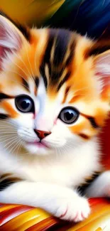 Artistic colorful kitten wallpaper with vibrant fur and big blue eyes.