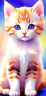 Adorable orange and white kitten with blue eyes on a colorful background.