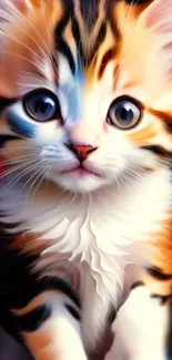 A vibrant digital art of an adorable kitten with large eyes and colorful fur.