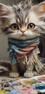 Cute kitten in scarves sitting on an artist's palette.