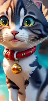 Adorable kitten with collar by the beach in vibrant digital art.