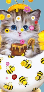 Cute kitten dressed as bee in a teacup on blue background.