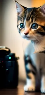 Adorable kitten with striped fur sitting beside a camera.