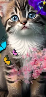 Adorable kitten with butterflies and flowers in a fantasy-themed wallpaper.