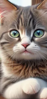 Adorable fluffy kitten sitting by a window, looking curious and cute.