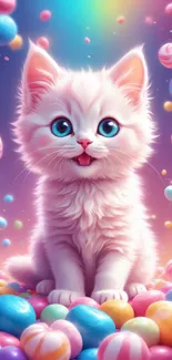 Fluffy white kitten sitting among colorful candies in a fantasy setting.