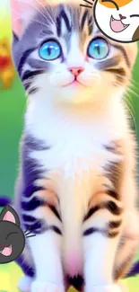 Cute cartoon kitten with colorful playful background.