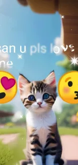 Adorable kitten with emojis and sparkling sky background.