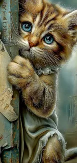 Cute fantasy art kitten with blue eyes in a dreamy setting.