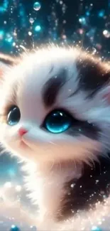 Adorable kitten with blue eyes in fantasy mushroom setting