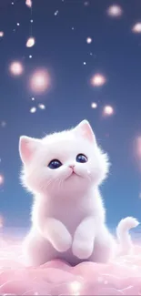 Cute white kitten on a dreamy, sparking background.