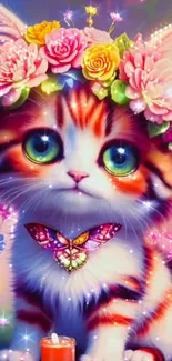 A kitten with a flower crown in vibrant colors and sparkles.