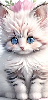 Adorable kitten with blue eyes sitting in a floral background.