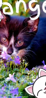 Adorable kitten surrounded by purple flowers with cartoon cats.