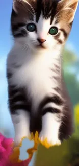 Fluffy white and gray kitten in colorful garden.