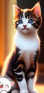 Adorable kitten with cartoon cat in a warm glowing background.