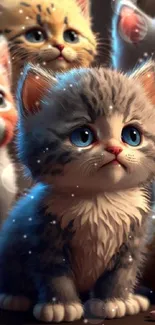 Adorable kittens gathered together with cute expressions in vibrant colors.