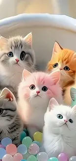 Adorable kittens in a basket with colorful fur and playful expressions.