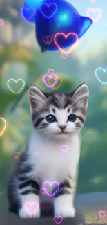 Adorable kitten with colorful glowing hearts in a vibrant scene.