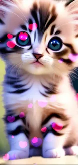 Adorable kitten with colorful hearts on a playful mobile wallpaper background.