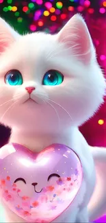 Adorable white kitten with heart balloon in colorful bokeh background.